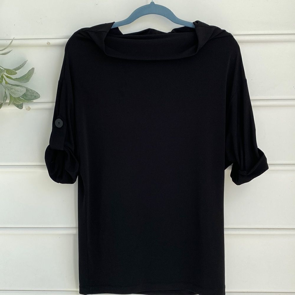 New York & Company High Neck Roll Sleeve Stretch Top Black XS